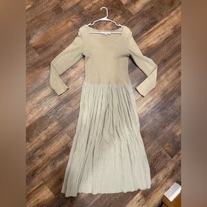 Barbara Lessner vintage waffle knit cotton long sleeve beige dress SMALL